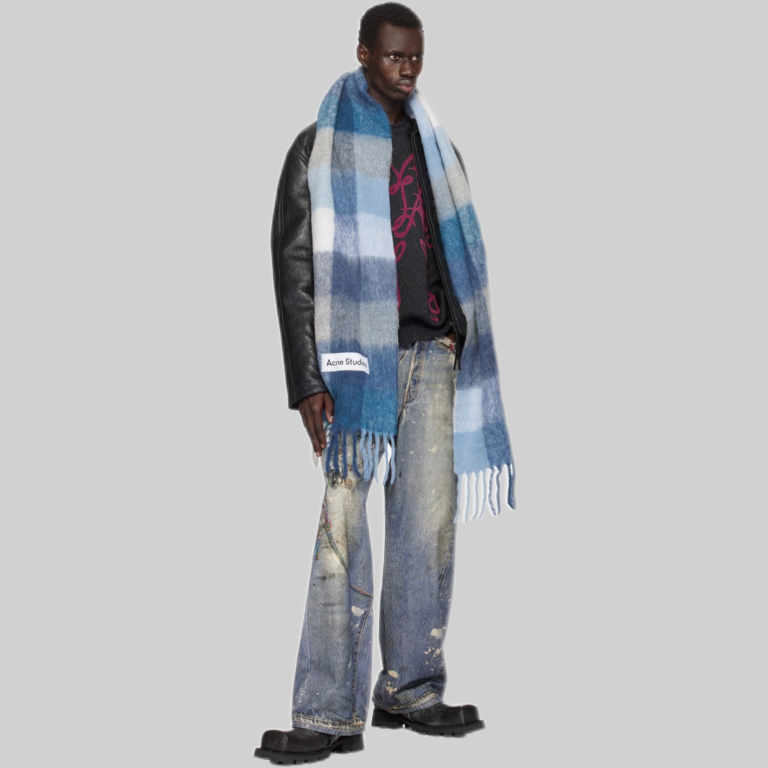 Blue Mohair Checked Scarf