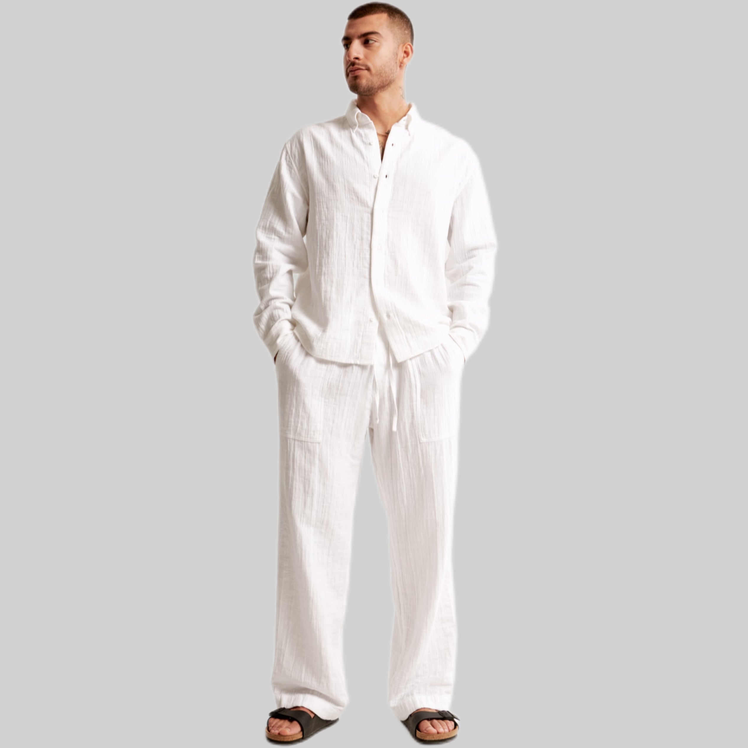 Abercrombie & Fitch linen pants, men, frontside, white, model