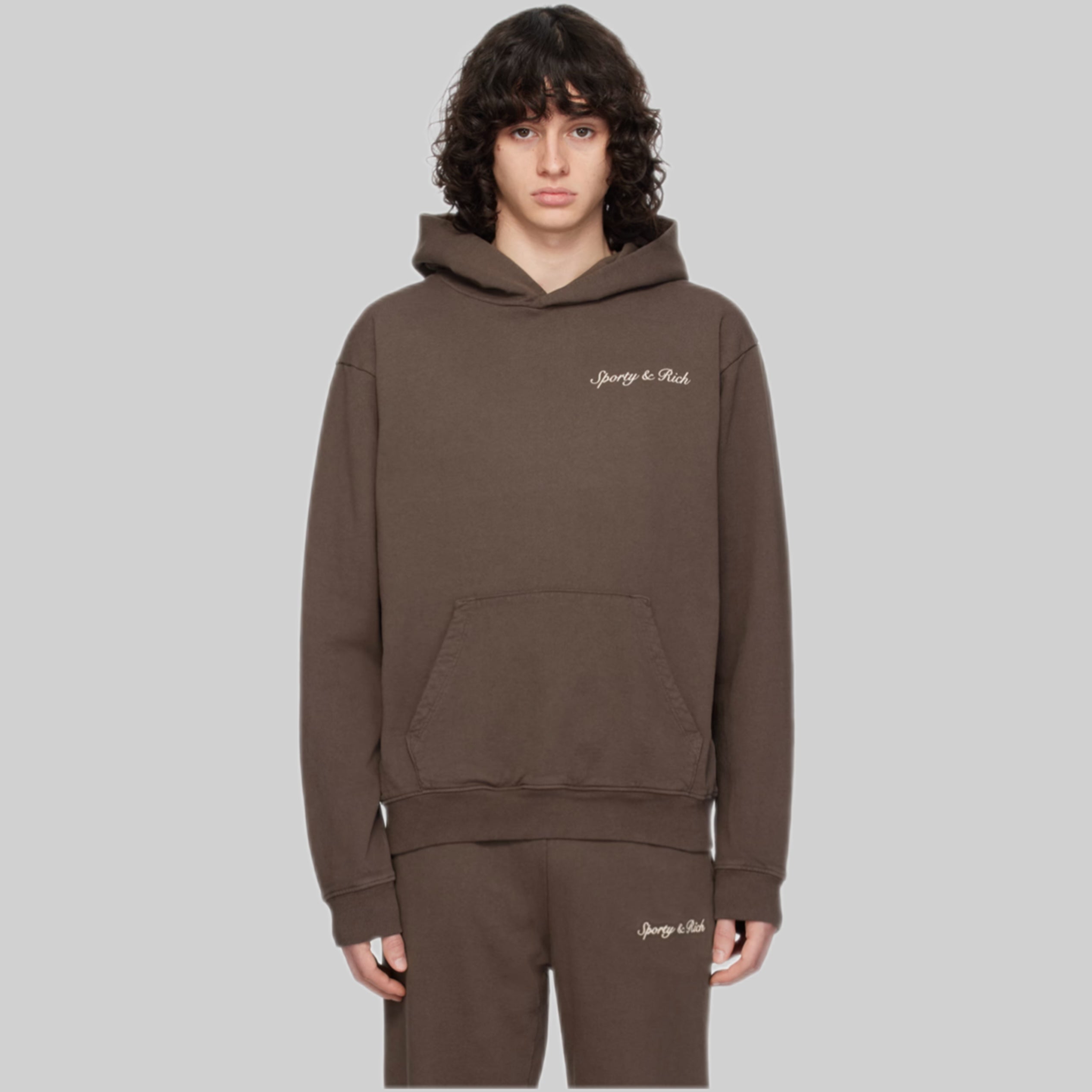 SPORTY & RICH hoodie, men, brown, frontside, model