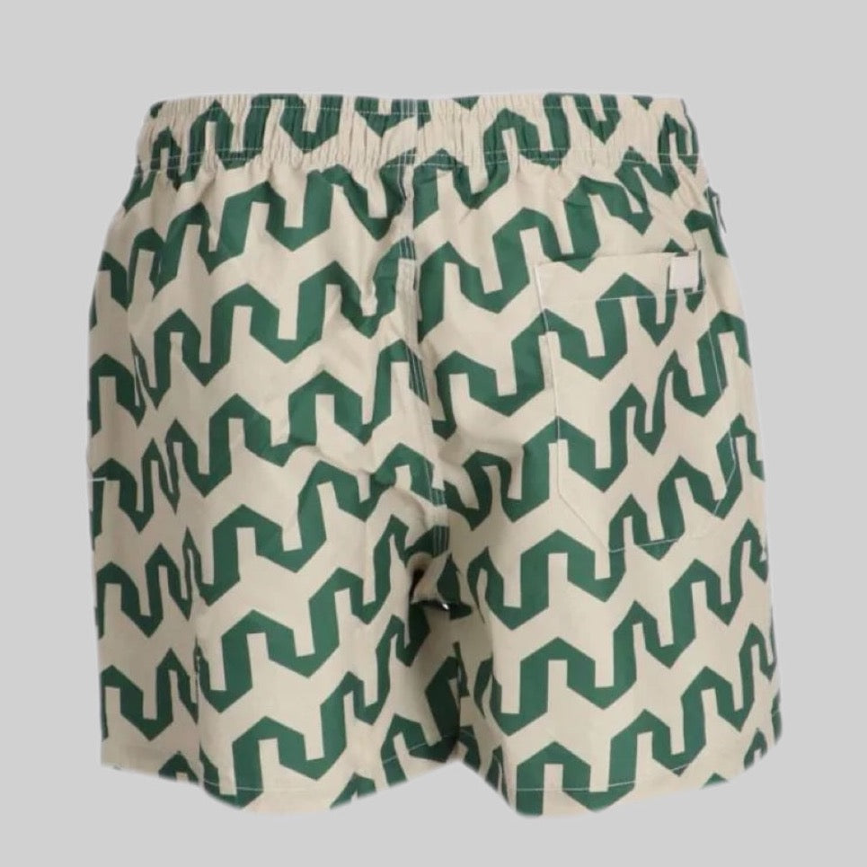 Atlas Geometric-Print Swim Shorts - Light Beige/Forest Green