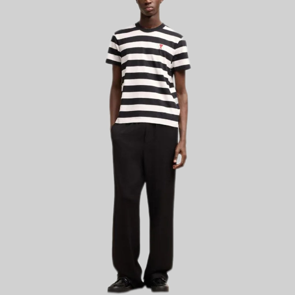 AMI Paris t-shirt, men, frontside, white/black, striped, model