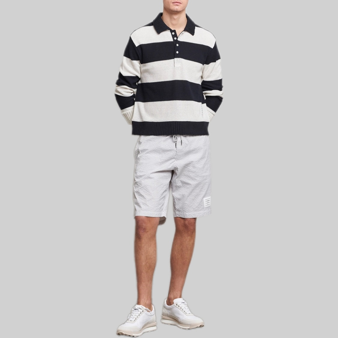 THOM BROWNE knitwear, men, frontside, blue and white, model