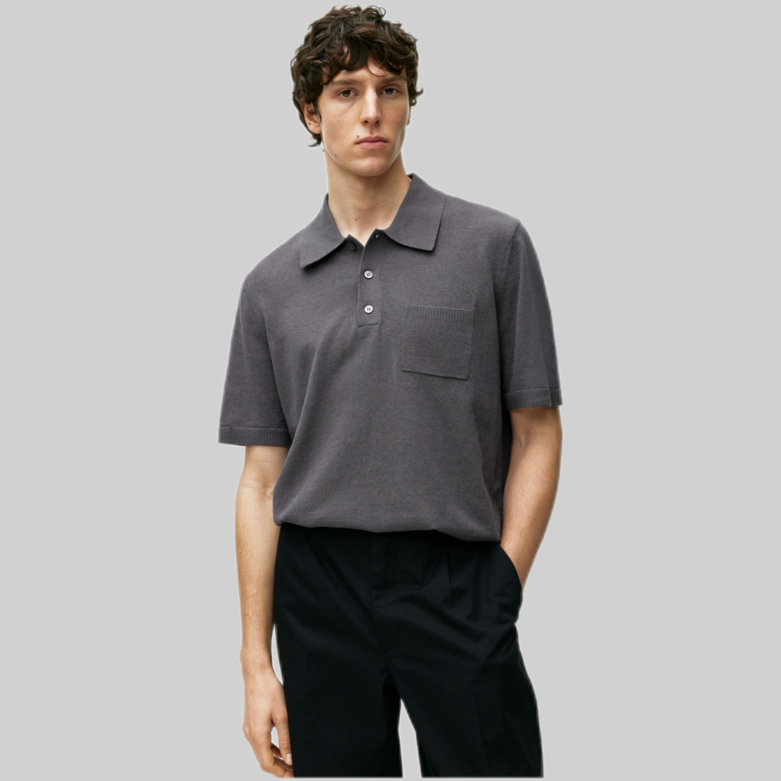 Arket polo shirt, men, frtonside, gray, model