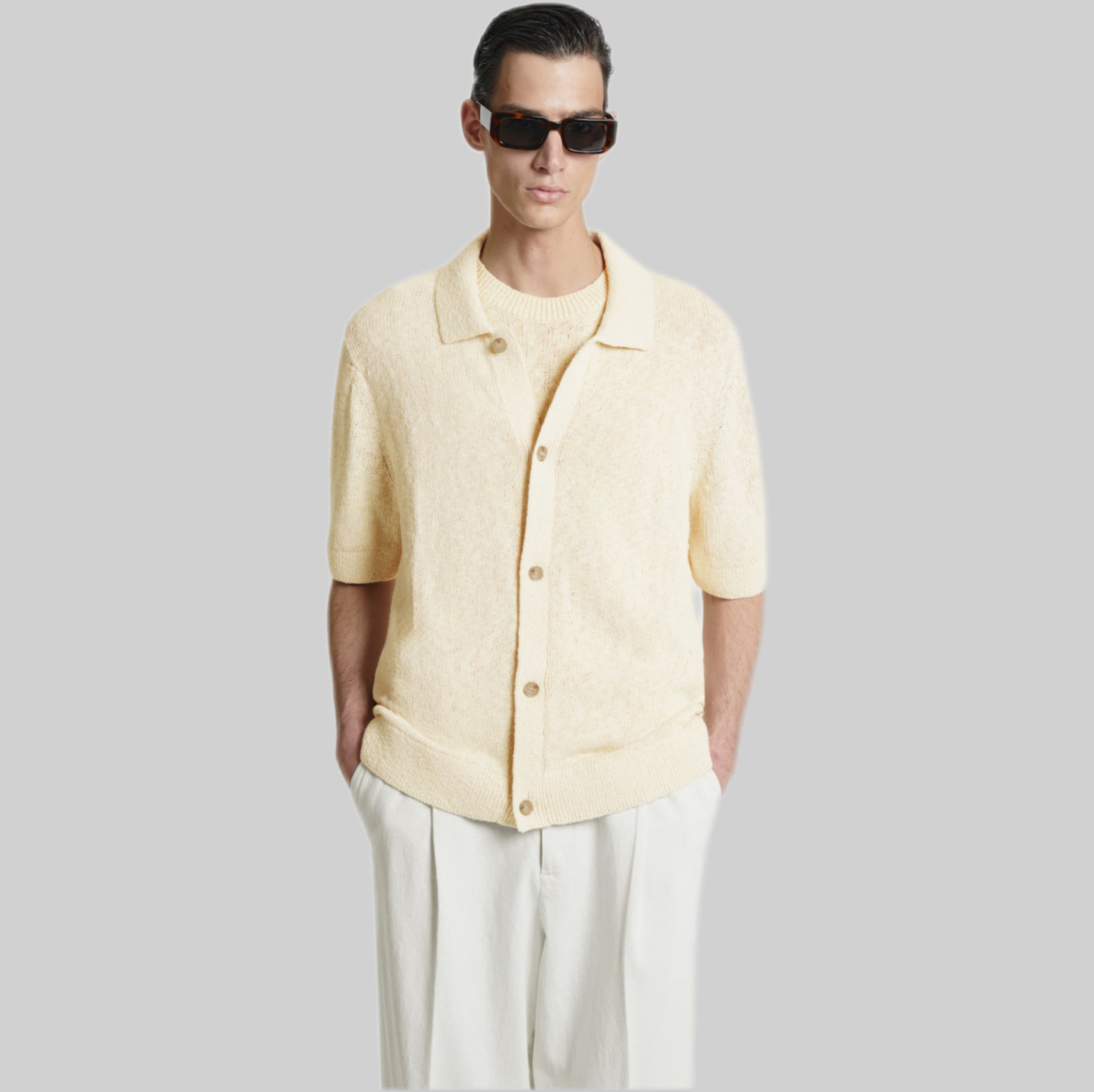 Cos polo shirt, men, frontside, beige, model