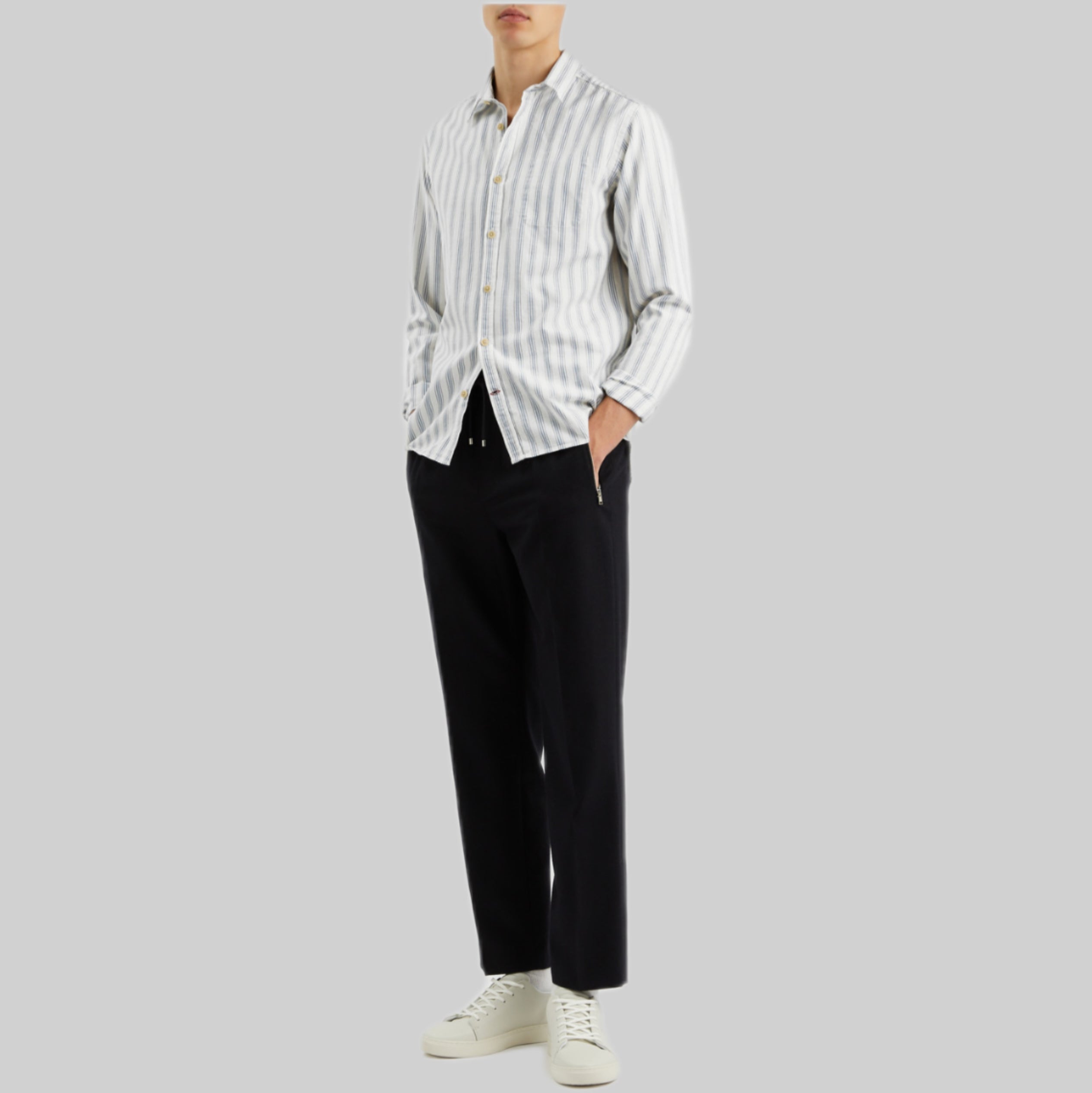 OLIVER SPENCER shirt, men, striped, white, frontsdie, model