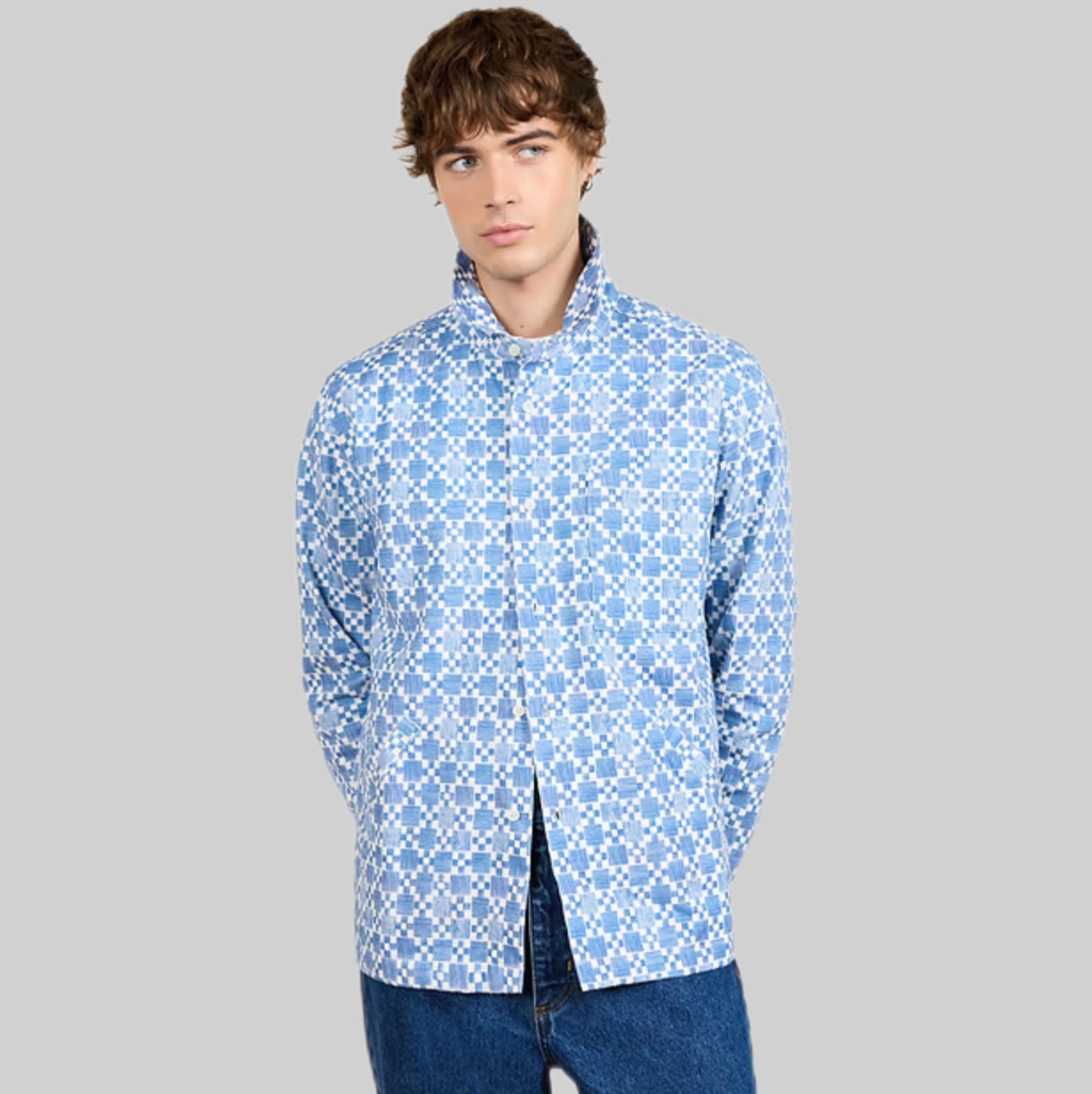 Moquette Grid Long Sleeve Shirt Blue Cotton