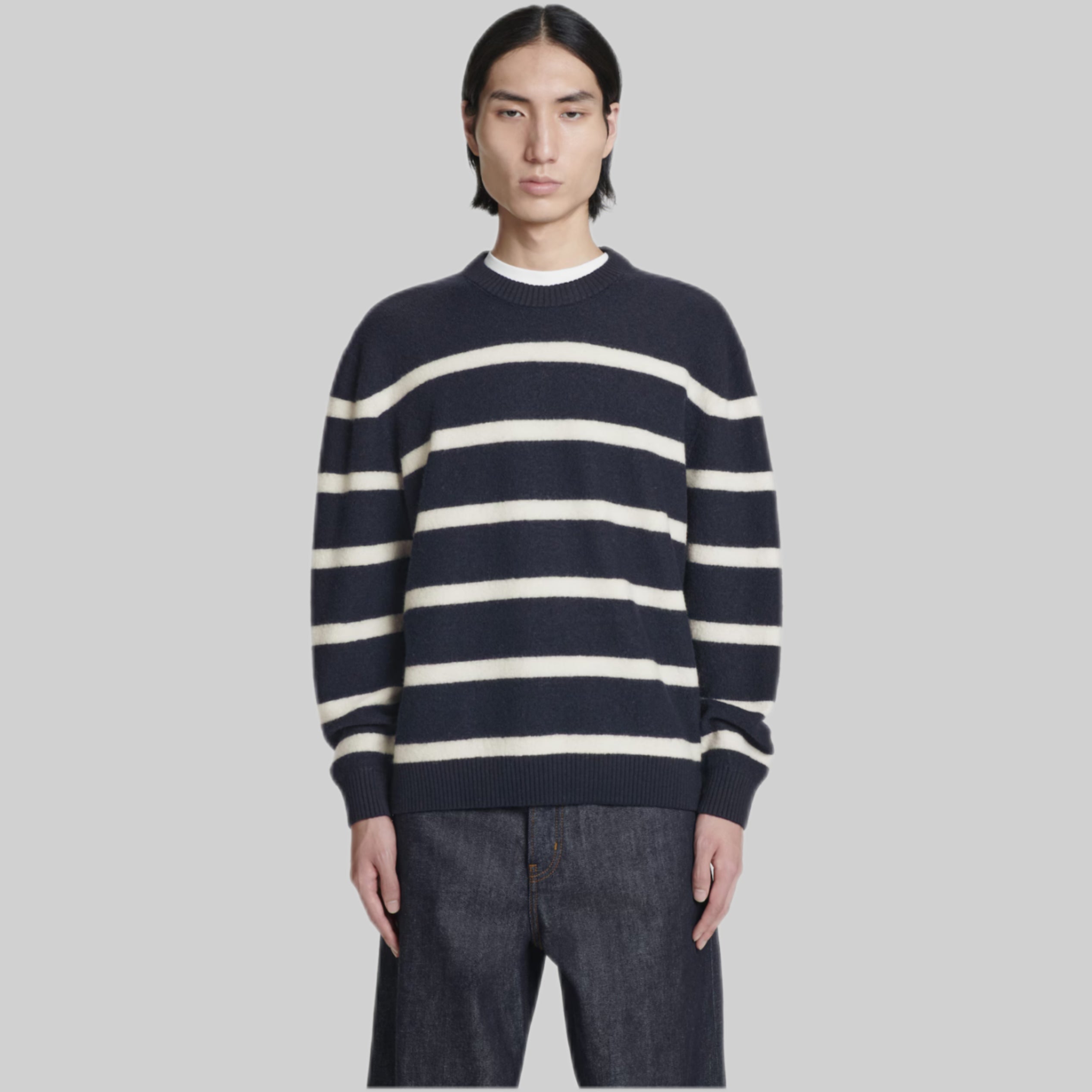 BOILED-WOOL CREW-NECK JUMPER - Navy / Striped